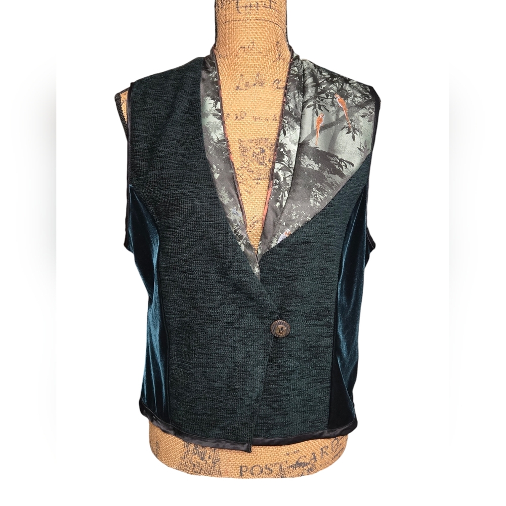 K.d. Spring Unique Vintage One-Button Vest Parrot in the Jungle Sz Small Green